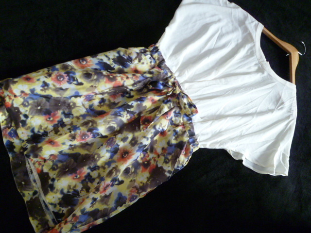 apart by lowrys/アパートバイローリーズ△アイボリーブラウス花柄シフォンスカートフェイクツイン風フリル袖ワンピースF/膝丈半袖△122拍卖