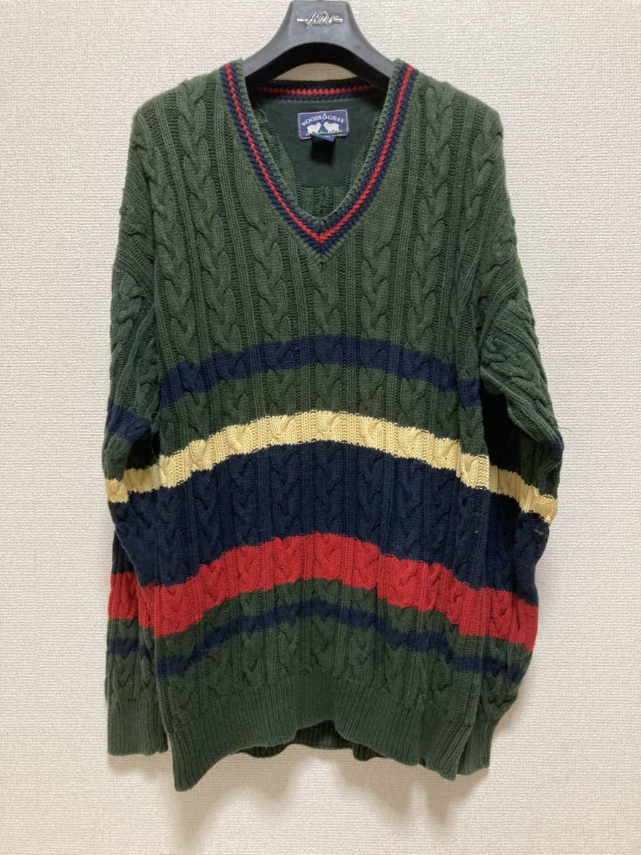 USA古着 WOODS&GRAY コットンニットセーター チルデンニットVネックニットセーター 緑 L 拍卖