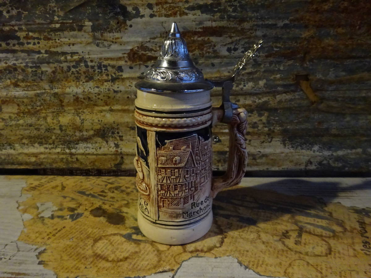 【フランス蚤の市蓋つきのビアマグ】陶製ピューター錫製ビールテーブルカフェbar古道具アンティーク骨董インテリアインダストリアル拍卖
