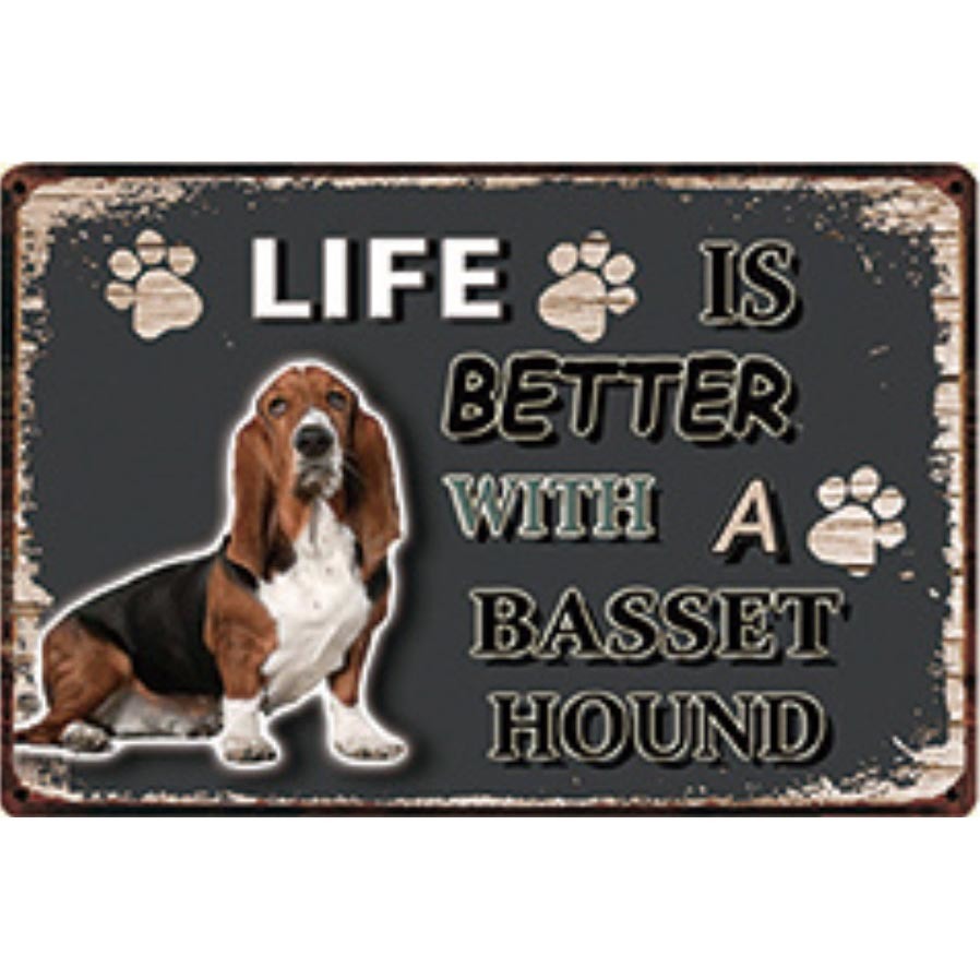A3144 メタル サイン ブリキ 看板 金属 製 プレート パネル 店 注意 警告 動物 ペット 犬 LIFE IS バセットハウンド 【3391拍卖