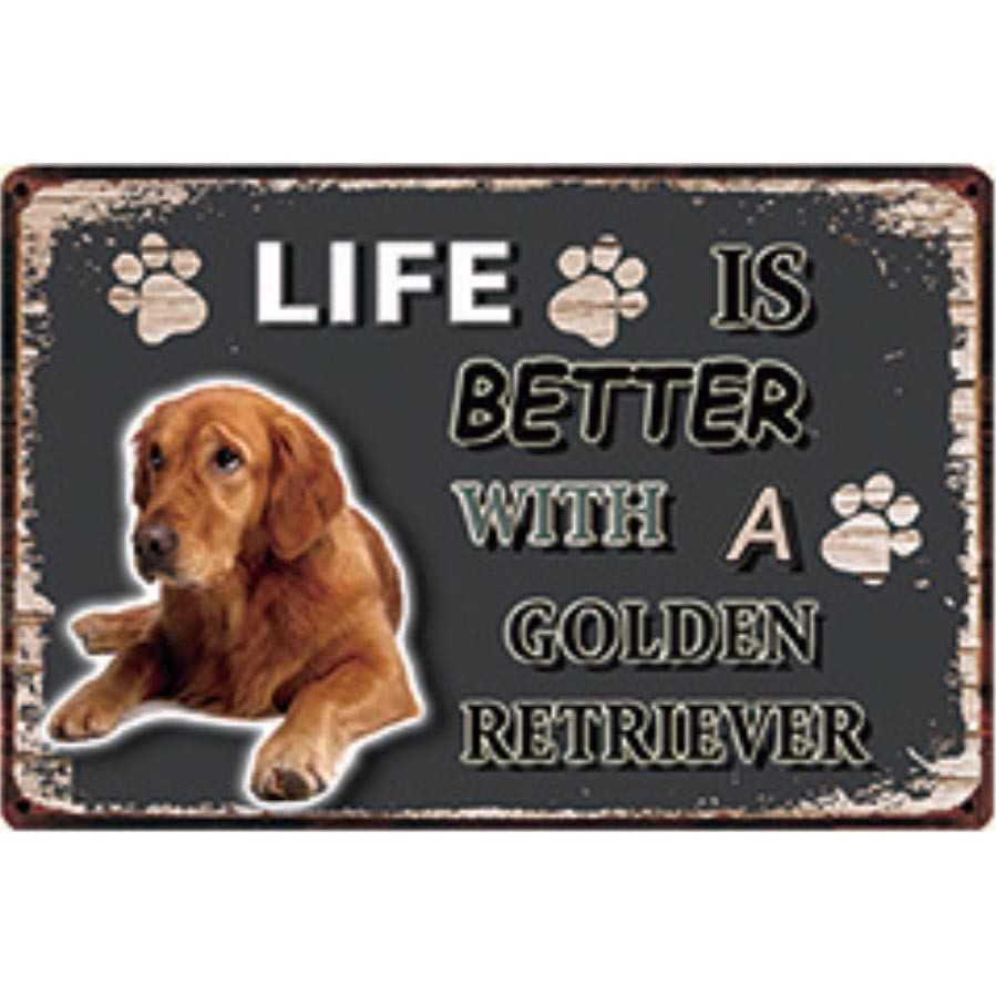 A3134 メタル サイン ブリキ 看板 金属 製 プレート 注意 警告 動物 ペット 犬 番犬 LIFE IS ゴールデン レトリバー【3372】拍卖