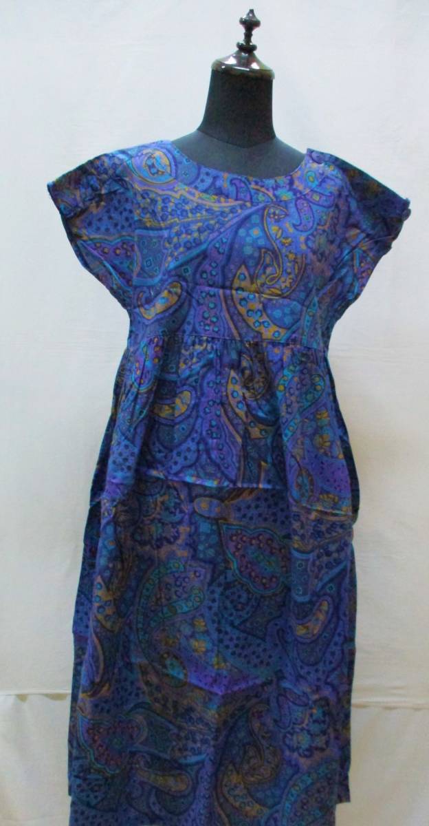 昭和レトロ SUNFEELD ワンピース 日本製 綿100% 夏物 エスニック柄 ペイズリー ブルー パープル 拍卖