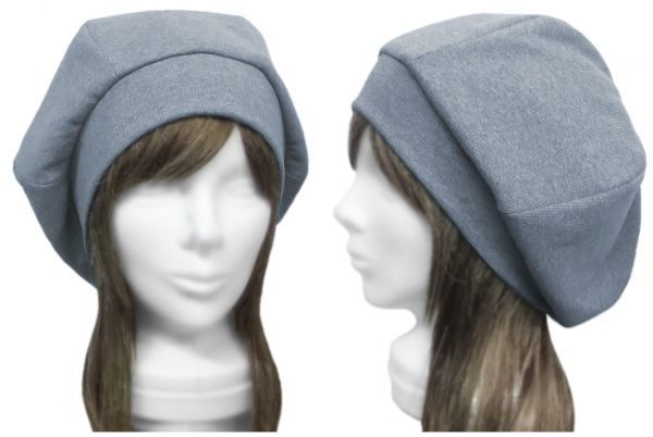 ハンドメイド◆リブ付ベレー帽◆リブ織コットンニット/杢サックスブルー ◇ゆったりサイズ・小顔効果・長いシーズン着用◇拍卖
