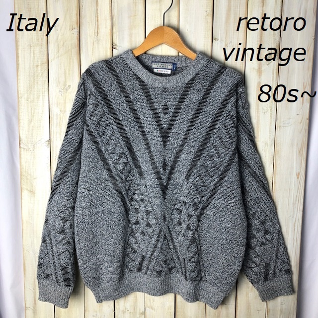レトロ古着 80s~90s イタリア製 柄もこもこニットセーター M グレー オールド ヴィンテージ ●73拍卖