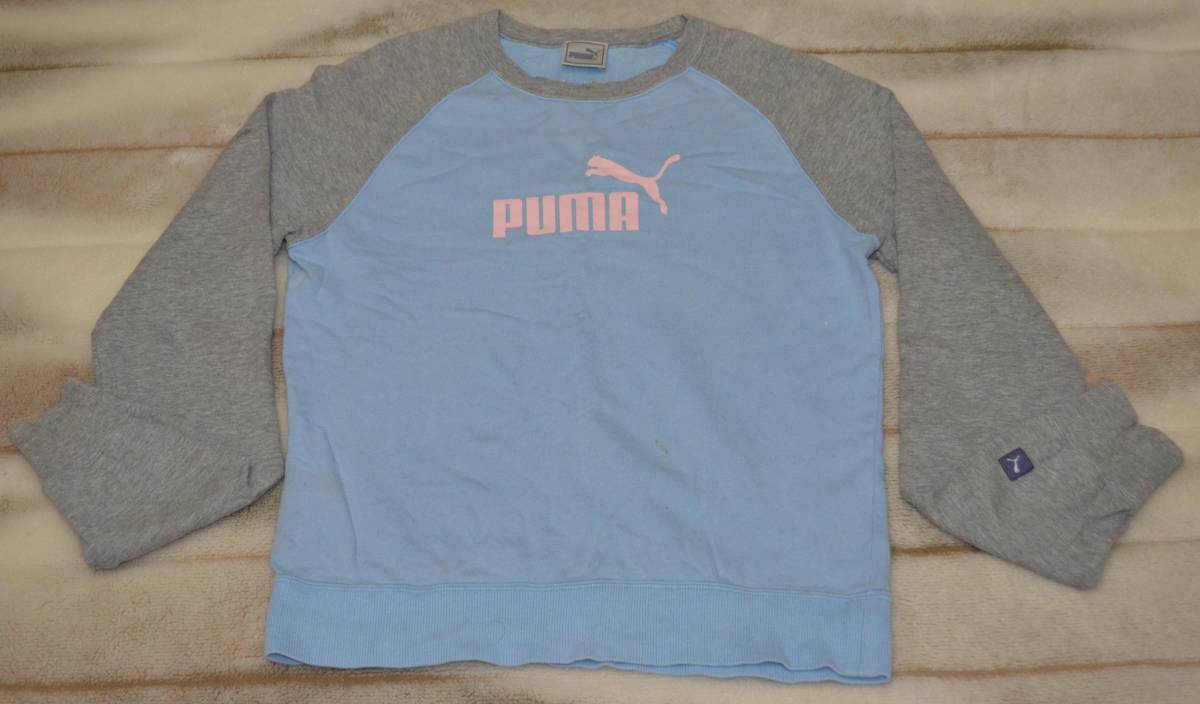 05【古着激安】*PUMA プーマ コットントレーナー スポーツ ロゴ刺繍 クルーネック 水色Xグレー L レディース レターパックプラス利用可拍卖