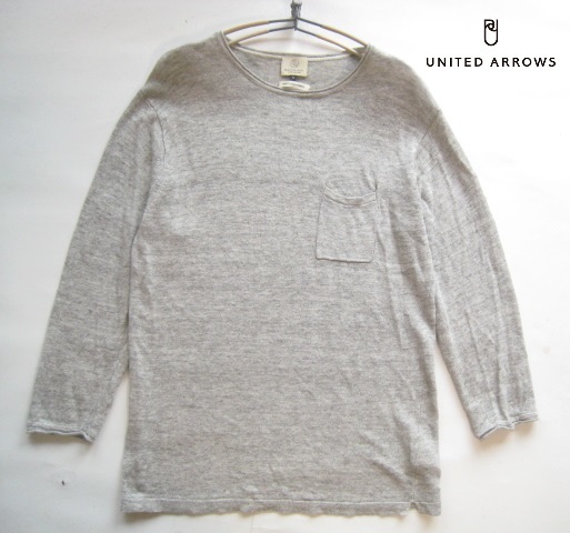 美品!!ユナイテッドアローズ UNITED ARROWS*麻100% 7分袖リネンニットセーター M グレー BEAUTY&YOUTH拍卖