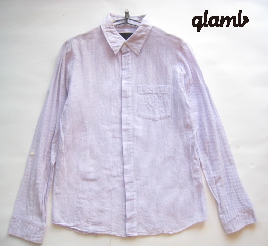 美品!!グラム Glamb*麻20% ストライプ柄長袖リネンコットンシャツ 2 実寸M オックスフォードパープル×ホワイト拍卖