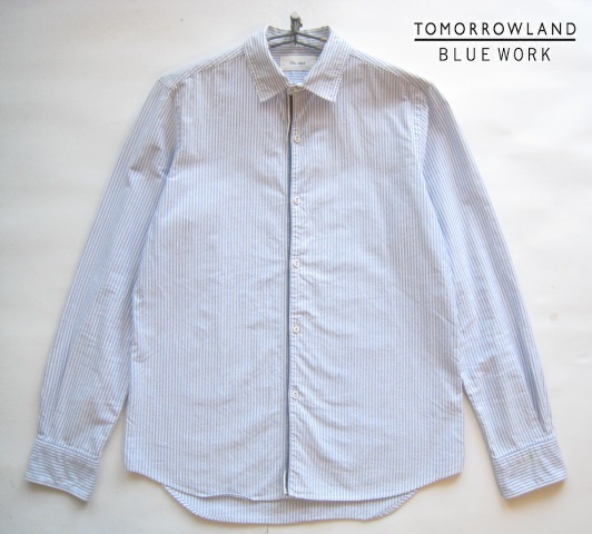 美品!!TOMORROWLAND BLUE WORK*イカリ刻印入りボタン ストライプ柄オックスフォードシャツ 1 実寸S 白×青 トゥモローランド ブルーワーク拍卖