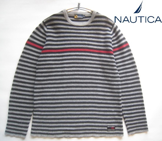 高級!!ノーティカ NAUTICA*ロゴタグ付きボーダー柄コットンウールニットセーター M グレー×黒×赤拍卖