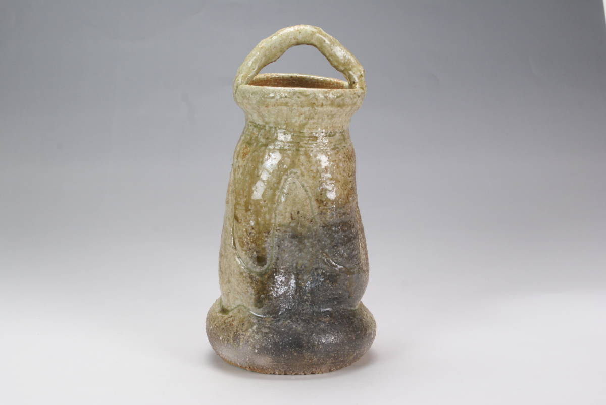 【湖美】森岡嘉祥 伊賀 手付 花生 共箱 生け花 花器 信楽 共布拍卖