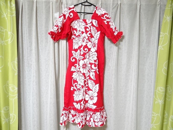 新品 ハワイ フラダンス ムームー ワンピース ドレス ハイビスカス柄 衣装 赤色拍卖