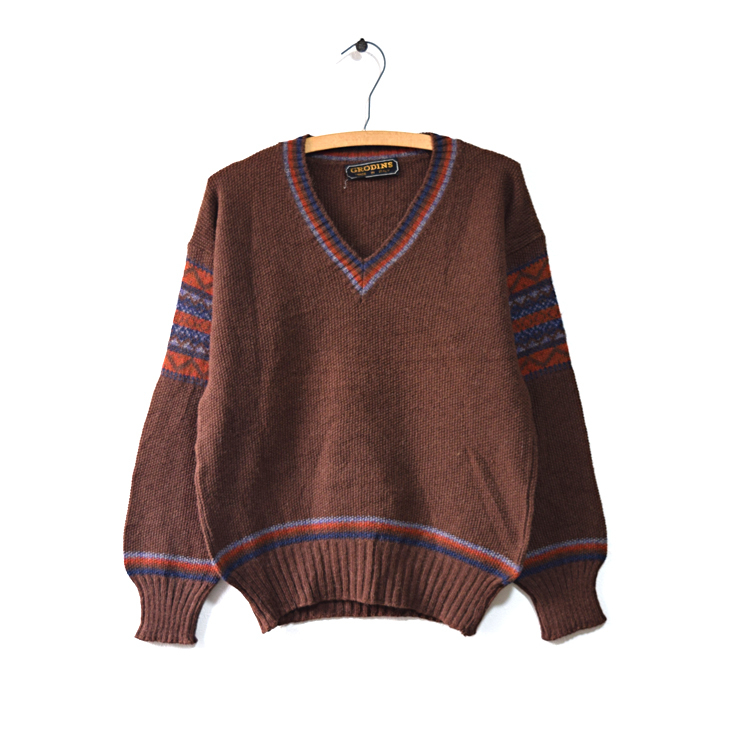 【送料無料】80s イタリア製 ヴィンテージ Vネック ウールニット セーター メンズM CH0502拍卖