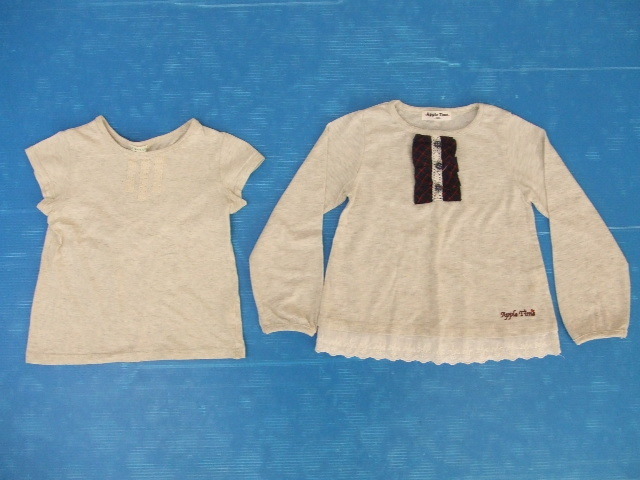 【お買得!】★女の子トップス2点セット★①3can4on/半袖Tシャツ ②Apple Time/長袖Tシャツ ライトグレー 120サイズ拍卖