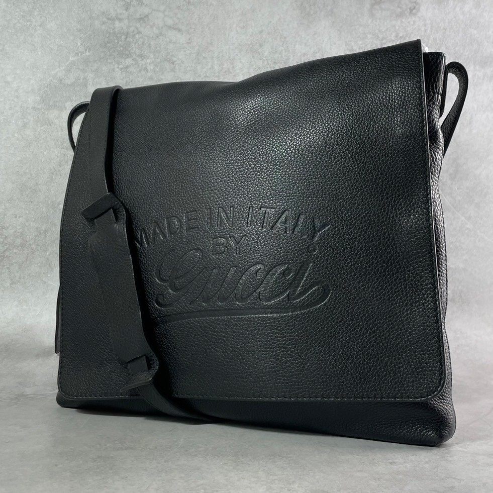 【超希少モデル/極美品】GUCCI グッチ エンボスロゴ メンズ メッセンジャーバッグ ショルダー A4可 レザー 本革 ビジネス ブラック 黒 鞄拍卖