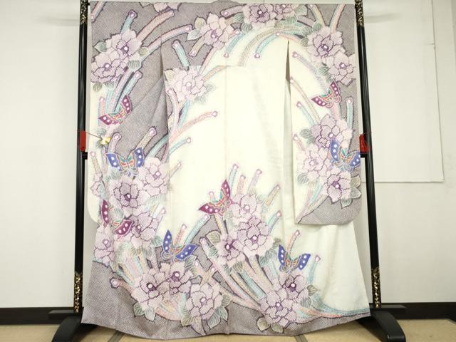 平和屋着物●名門 藤娘きぬたや・総絞り 振袖 孔雀花蝶文 正絹 逸品 AABG2722cs拍卖