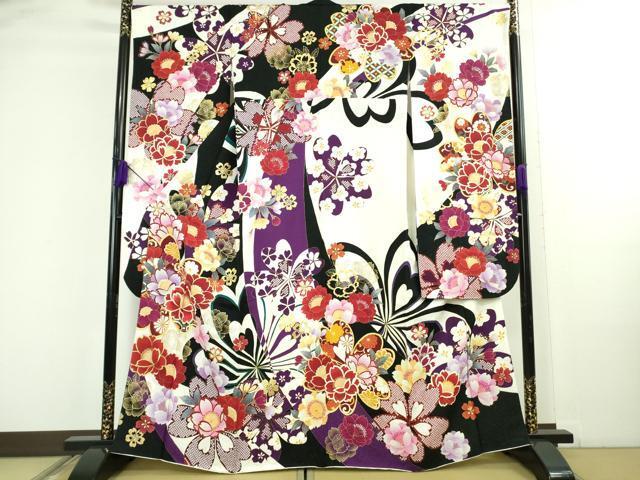平和屋着物●極上 振袖 刺繍 舞花文 黒地 銀通し地 逸品 DZAB4643kh6拍卖
