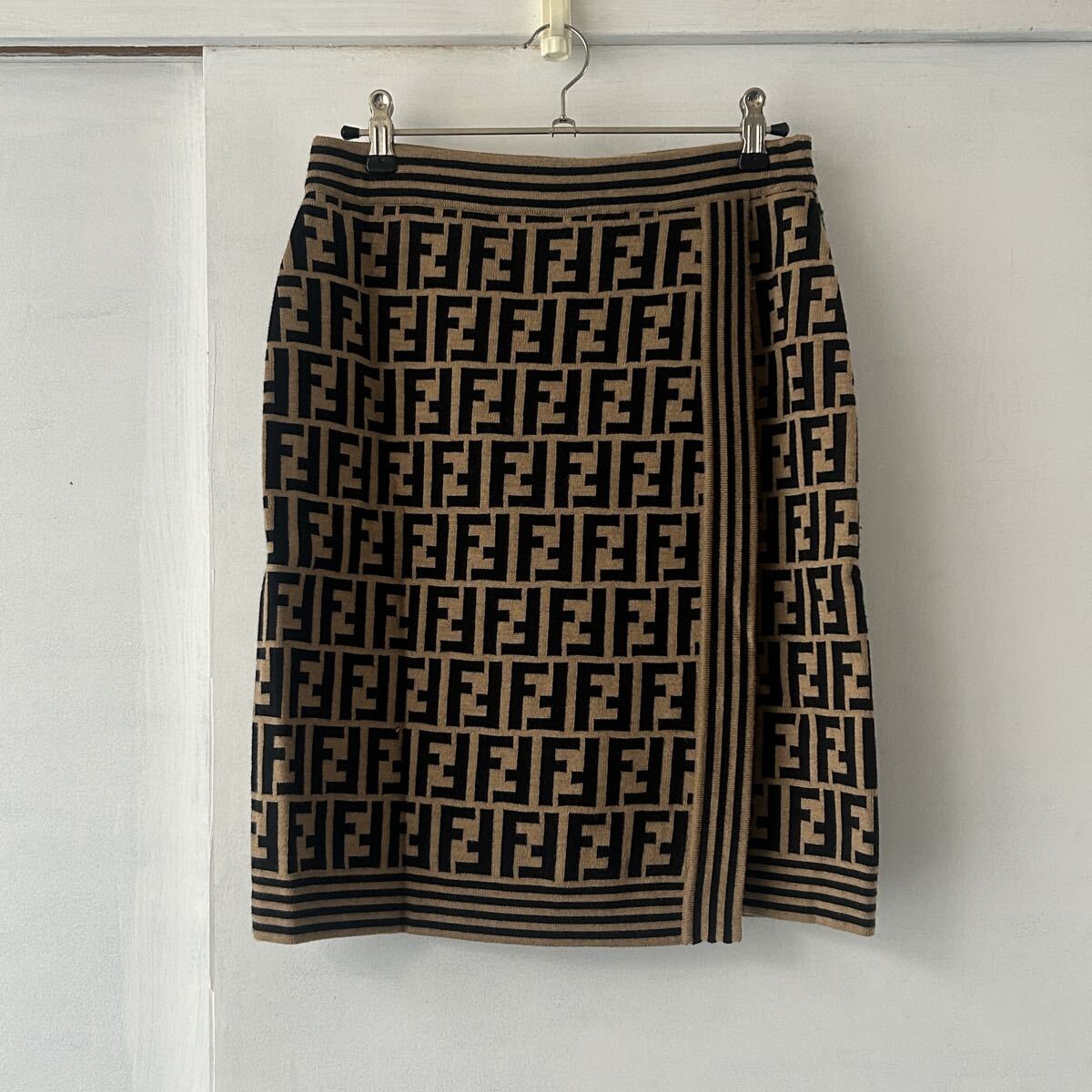 FENDI フェンディ FFロゴ 総柄 ウールニットスカート 42 ズッカ柄拍卖