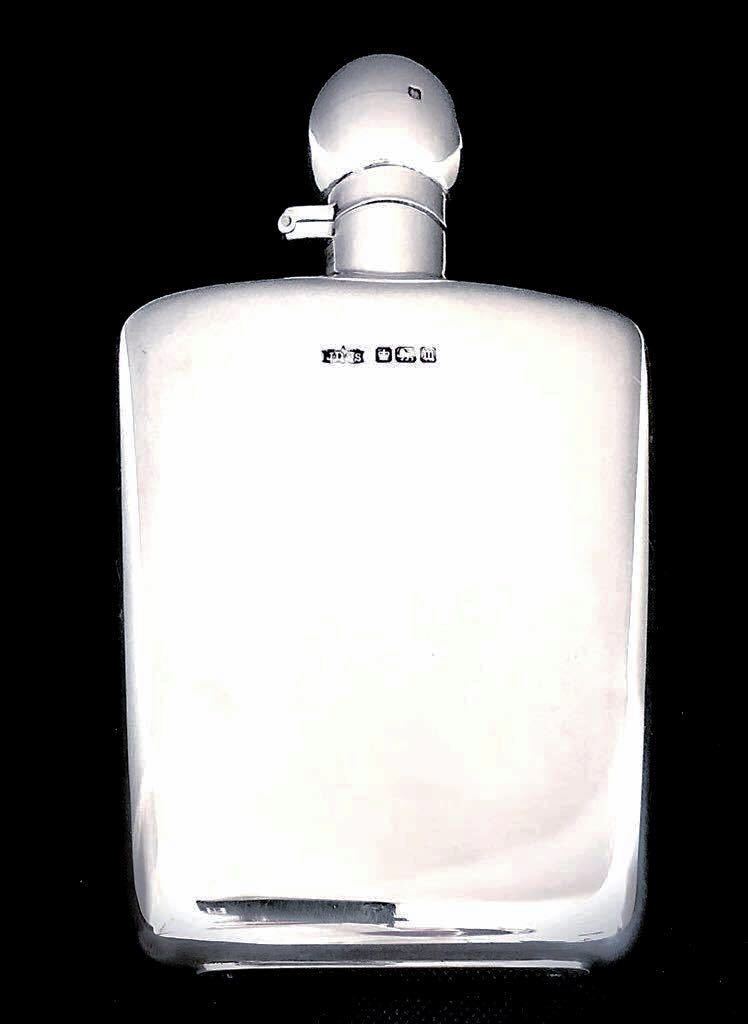 英国アンティーク ART-DECO スキットル/ヒップフラスク ウイスキー オールドボトル 純銀 177g/200ml 5-6OZ ジョージ5世1914年 JD&S社製拍卖