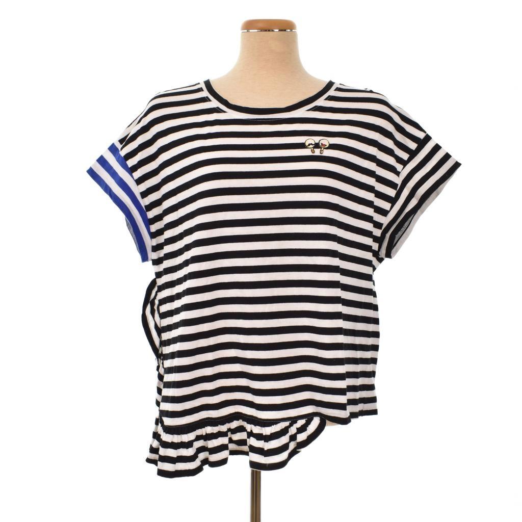 ツモリチサト TSUMORI CHISATO アシンメトリー Tシャツ カットソー 半袖 ボーダー 2 黒 ブラック 白 ホワイト ■FF レディース拍卖