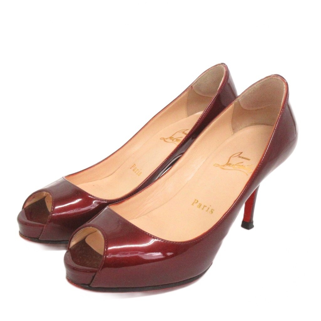 クリスチャンルブタン Christian louboutin パンプス ピンヒール オープントゥ エナメル 赤 レッド 35 22cm位 靴 ■TC レディース拍卖