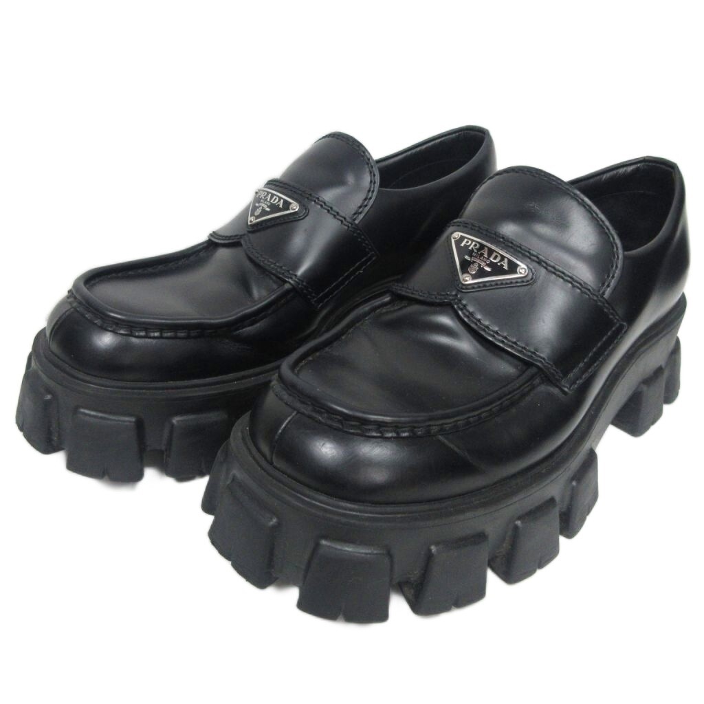 プラダ PRADA 25SS モノリス ブラッシュドレザー ローファー トライアングルロゴ 厚底 プラットフォーム 7 黒 ブラック 2DE129 ■MNK5拍卖
