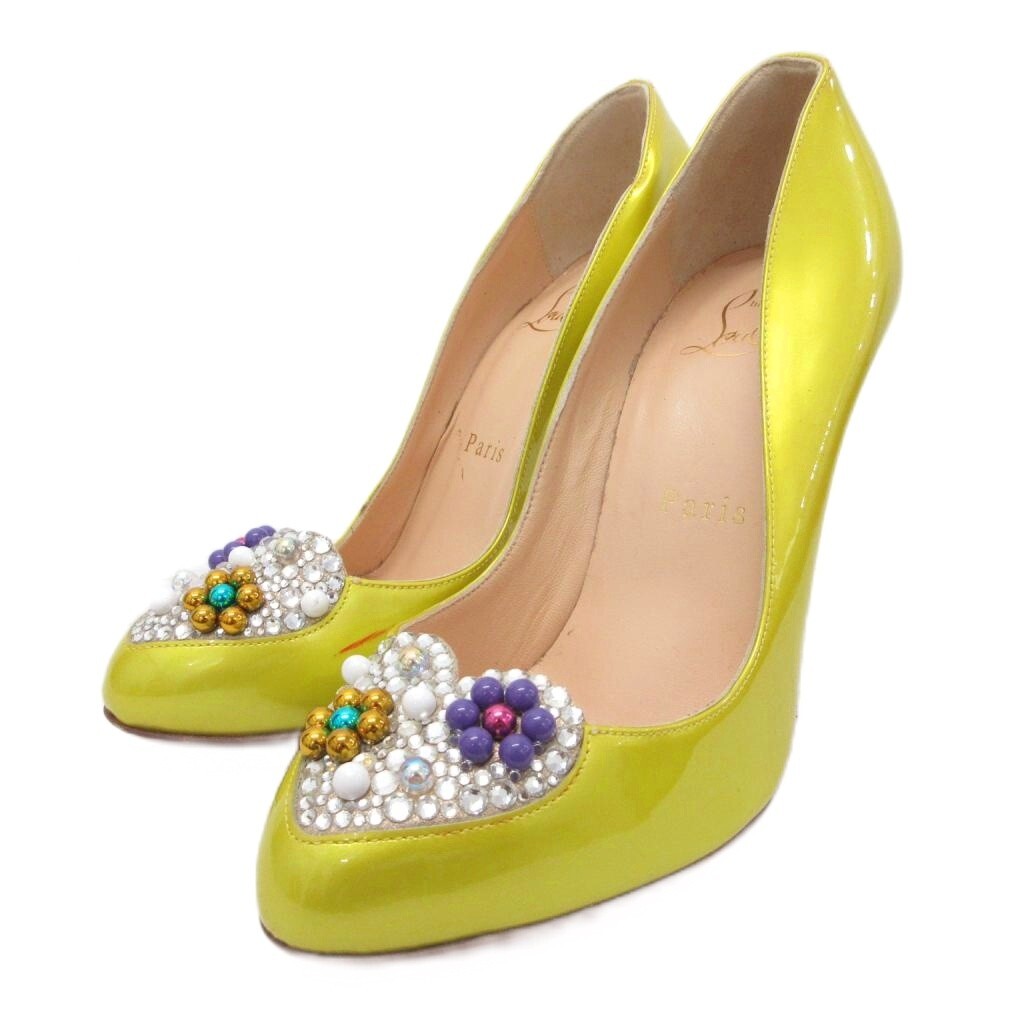 クリスチャンルブタン Christian louboutin パンプス ラウンドトゥ ハイヒール ピンヒール ビジュー 35 22cm 黄 イエロー ■IBO90拍卖