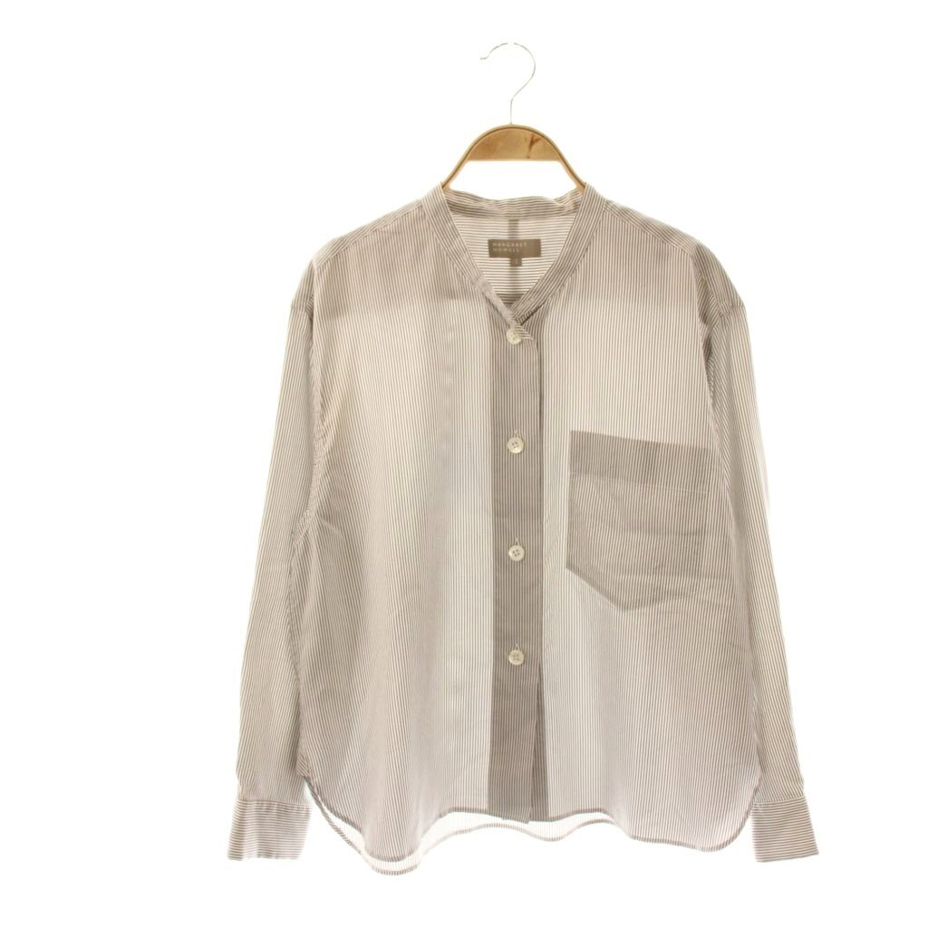マーガレットハウエル MARGARET HOWELL SILK COTTON STRIPE バンドカラーシャツ ブラウス 長袖 1 白 グレー /NR ■OS レディース拍卖