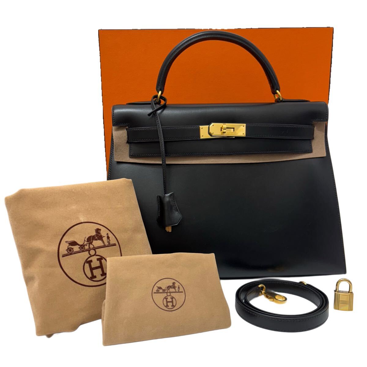 HERMES / C 50 S エルメス ケリー 32 外縫い 2WAYバッグ ショルダーバッグ ハンドバッグ ブラック ボックスカーフ カデナ 鍵有 箱有 拍卖