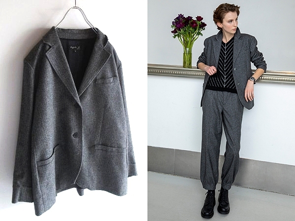 LOOK使用 agnes b. アニエスベー 2021AW TBU0 VESTE ミックスウール ヘリンボーンツイード ワイド 2Bテーラードジャケット ブレザー 3拍卖