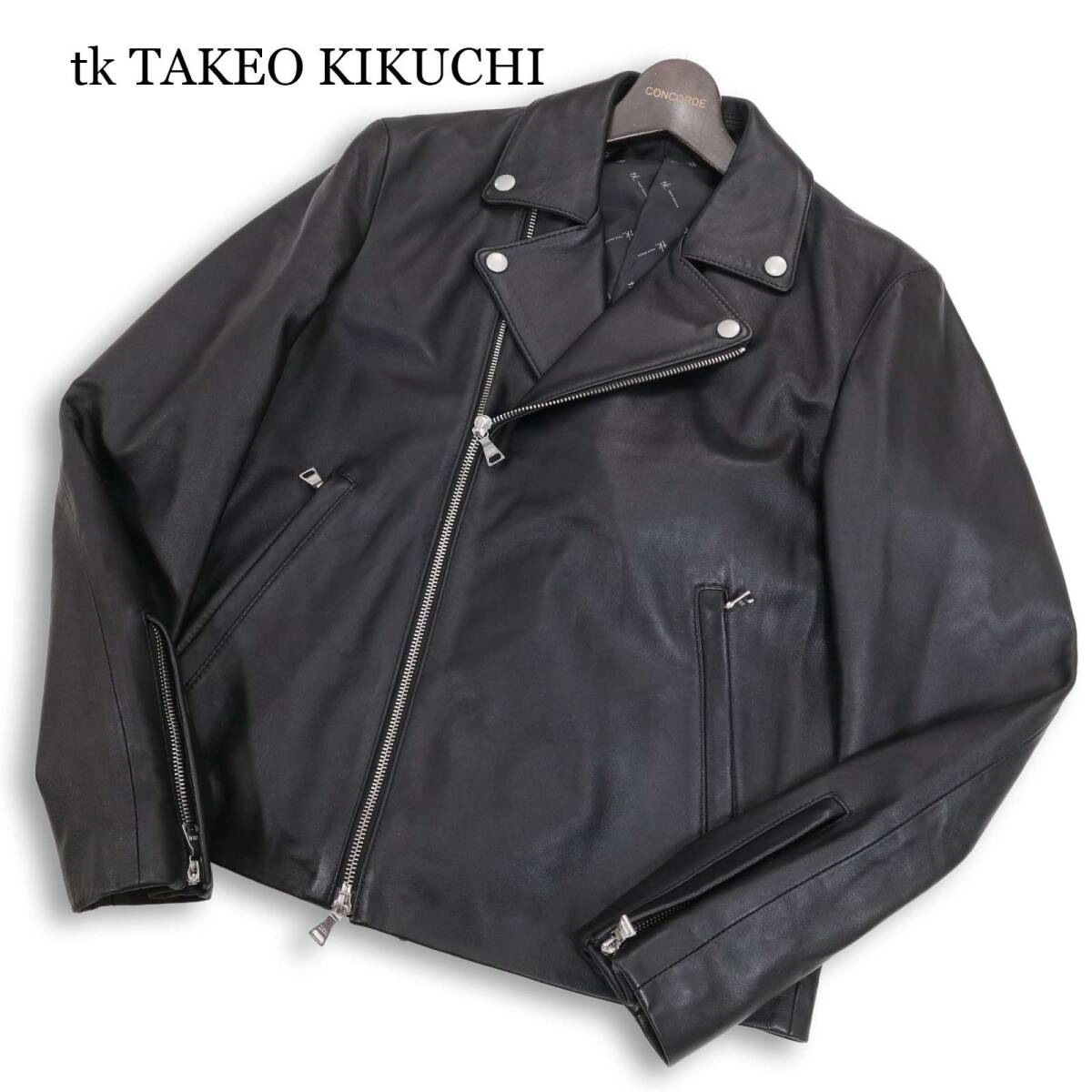 tk TAKEO KIKUCHI タケオキクチ 羊革★ ラム レザー ダブル ライダース ジャケット Sz.M メンズ 黒拍卖