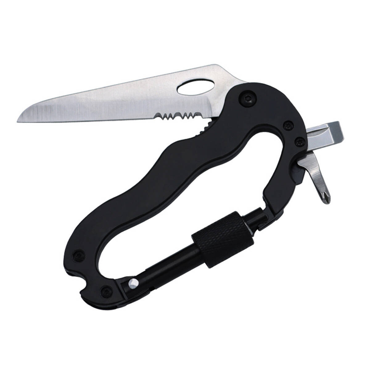 アウトドア多機能カラビナ クィックハングバックル サバイバルツール 折りたたみナイフ キーホルダー 登山 キャンプ ドライバー ;J252;拍卖