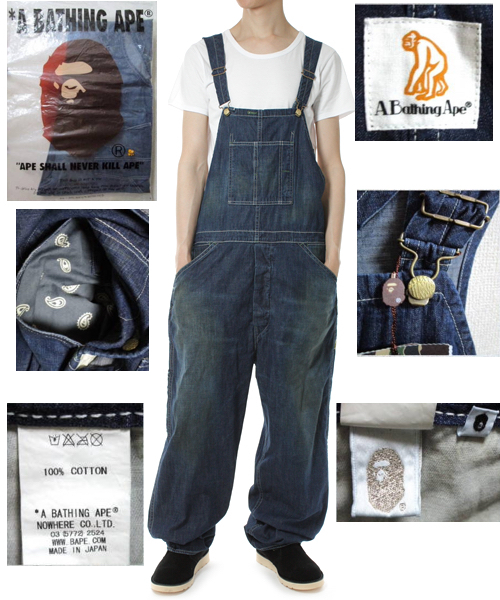 新品未使用 Bape A Bathing Ape Vintage Damaged Denim Overalls レア エイプ ヴィンテージ加工 デニム オーバーオール サロペット サイズL拍卖