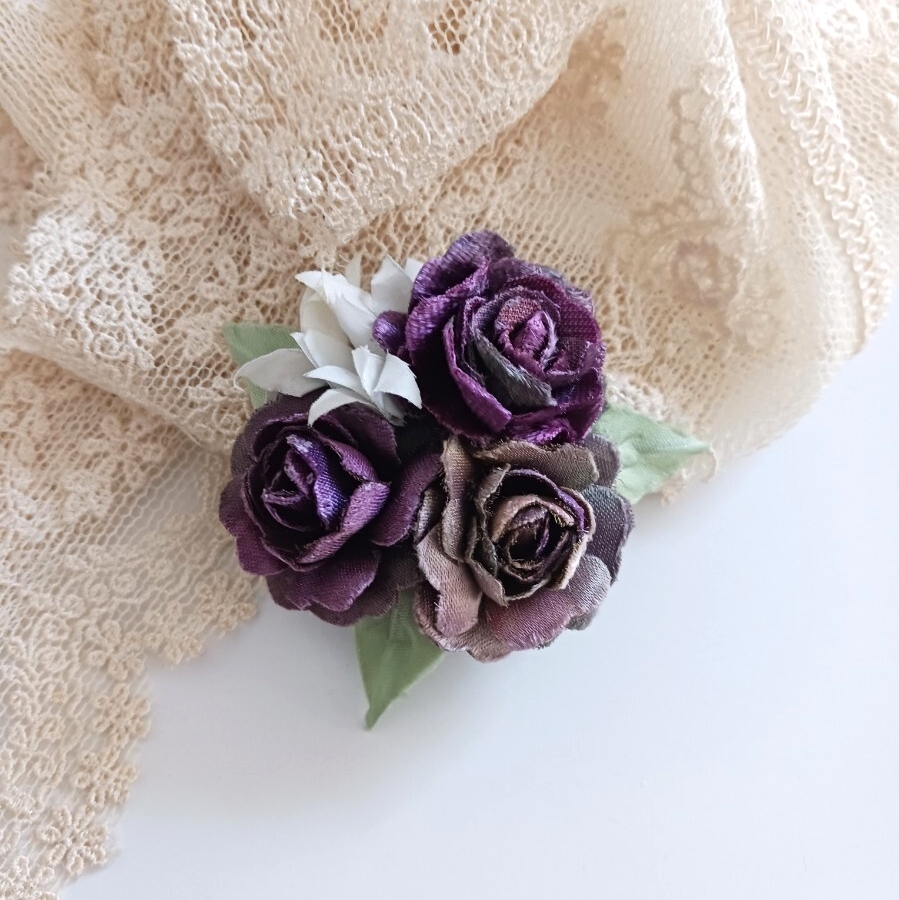 染め布花*シックな薔薇のブローチ ハンドメイド コサージュ 結婚式拍卖