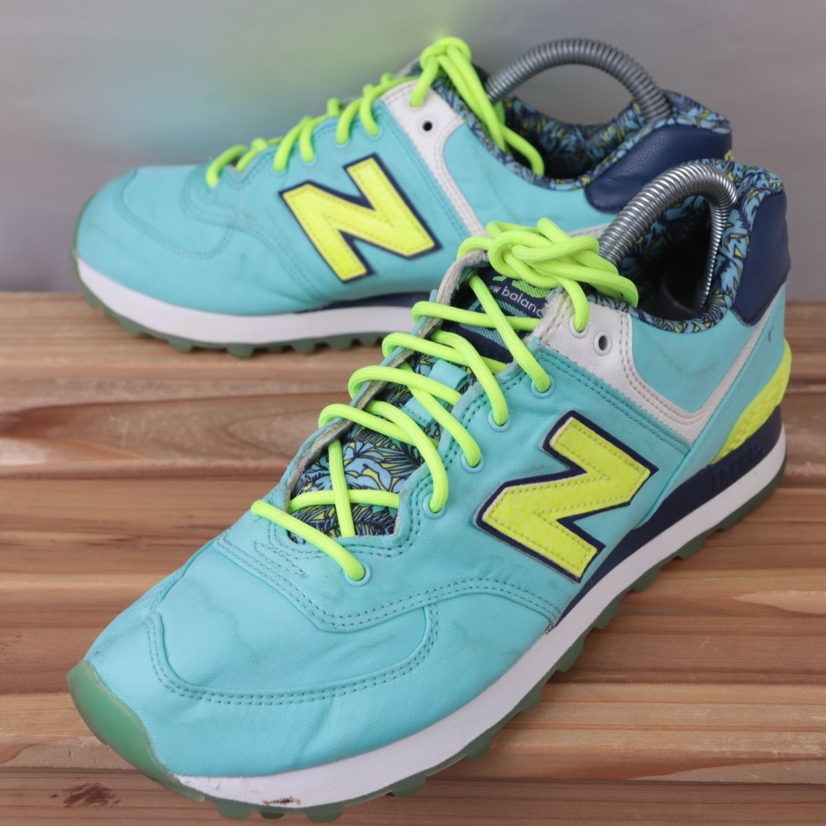 z5491【574】ニューバランス US8.5 25.5cm/水色 ライトブルー 蛍光イエロー 紺 newbalance レディース スニーカー 中古拍卖