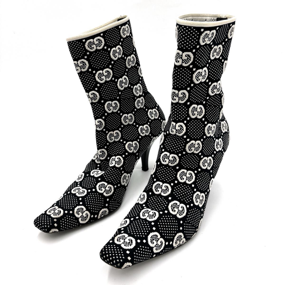 N * 良品 23SS イタリア製 '高級感溢れる' GUCCI グッチ GG柄 ニット アンクル / ショート ブーツ EU37 23.5cm レディース シューズ拍卖