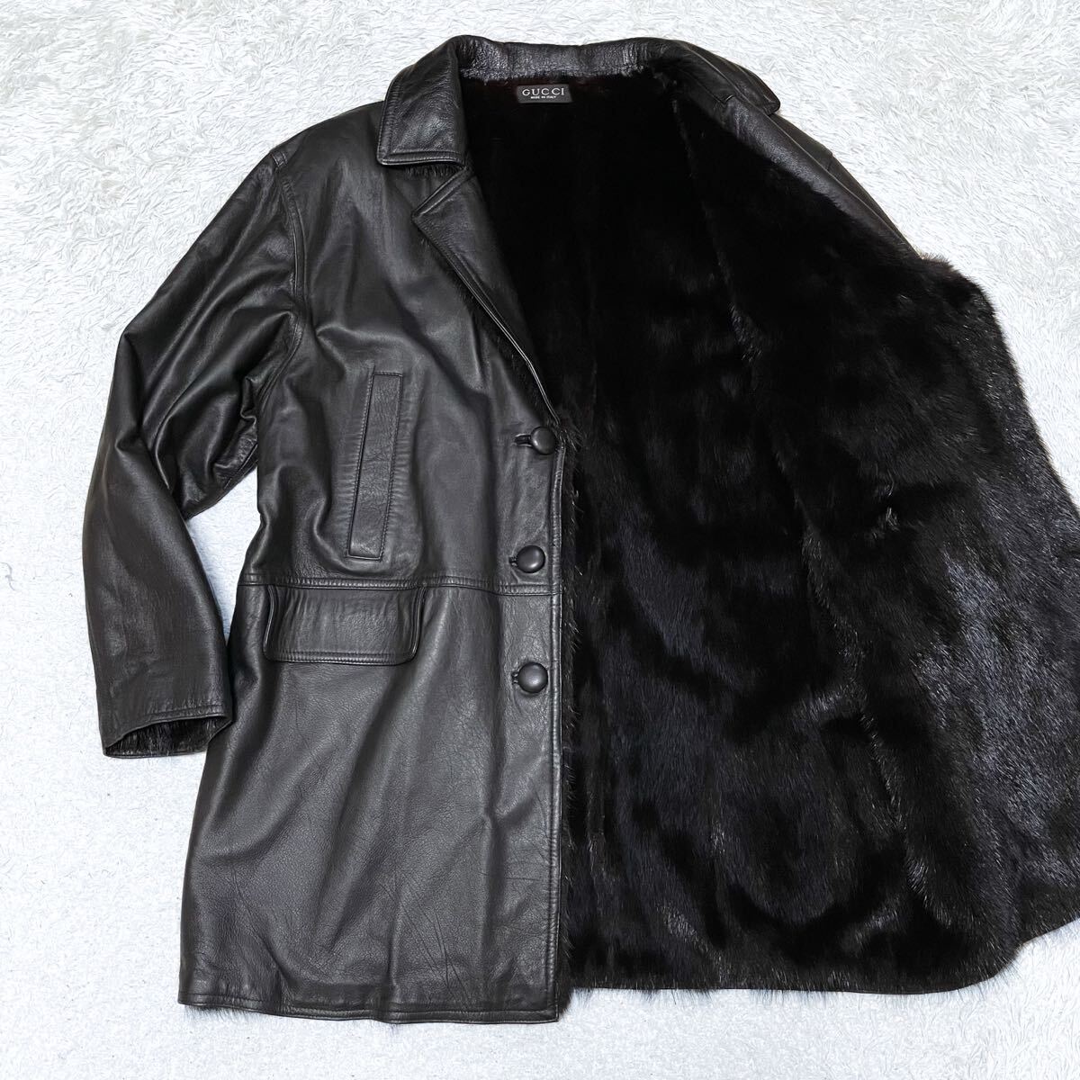 《希少!極稀品》GUCCI グッチ レザー ミンクファー リバーシブル コート ジャケット 本革 毛皮 メンズ XL相当 ブラック ヴィンテージ 拍卖