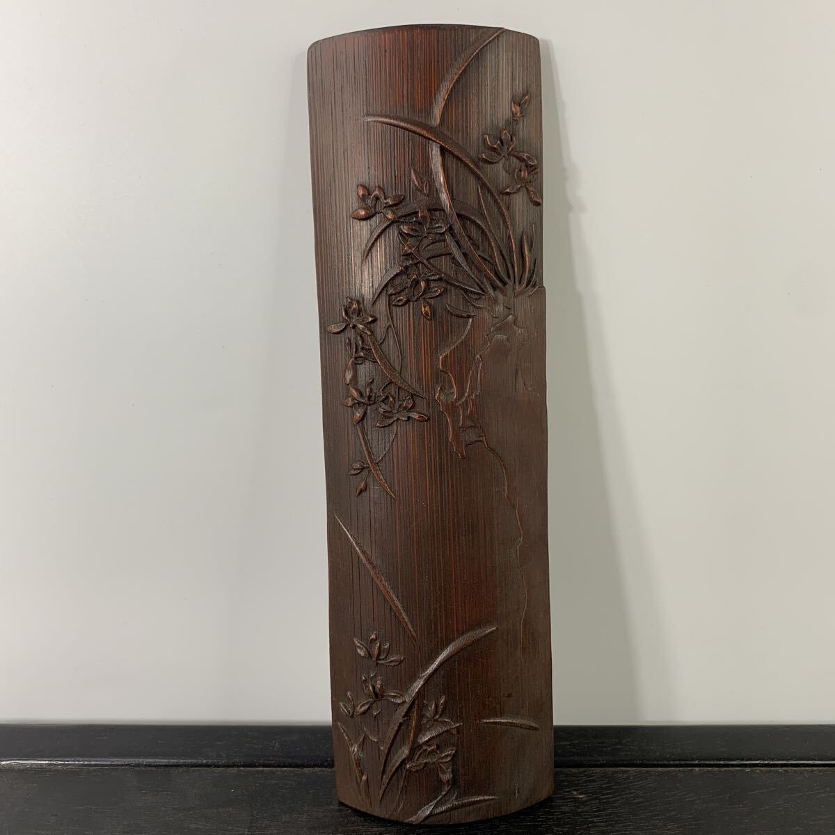 【友】中国古美術 彫刻 腕枕 竹腕枕 竹臂擱 竹花彫図茶合 竹茶則 竹茶量 /古玩書道具茶道具k2-274拍卖