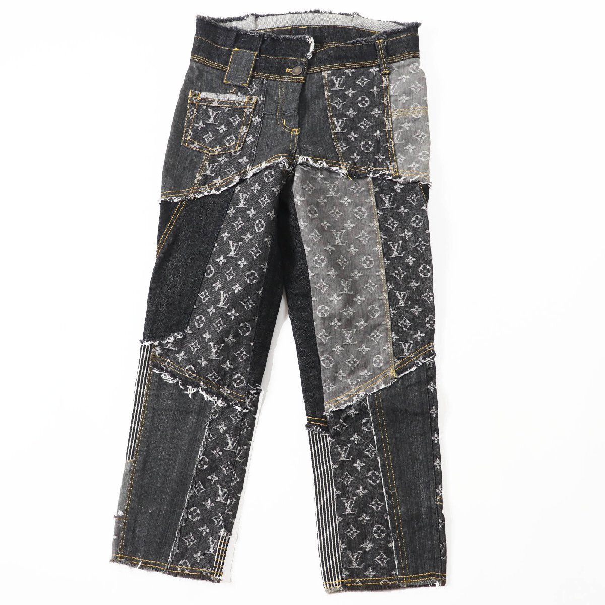 極美品◎LOUIS VUITTON ルイヴィトン 07SS 希少 カットオフ モノグラム パッチワーク デニムパンツ インディゴブルー グレー系 34 正規品拍卖