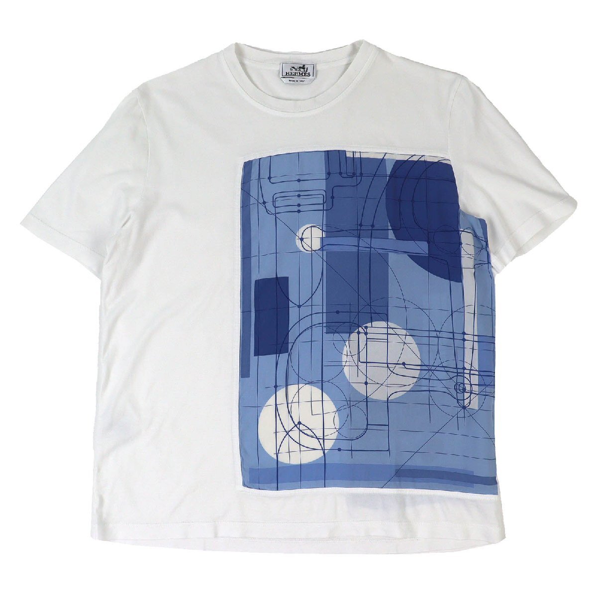 極美品△HERMES エルメス 20SS コットン100% クルーネック シルクプリント ドッキング 半袖Tシャツ ホワイト ブルー L 伊製 レディース拍卖