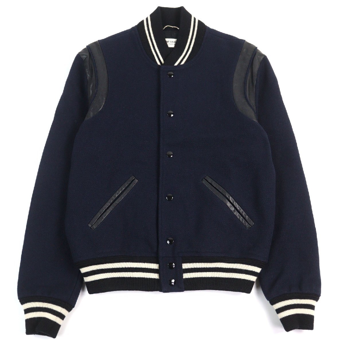 極美品○SAINT LAURENT PARIS サンローランパリ 354718 エディ期 レザー切替 スタジャン テディジャケット ネイビー系 44 メンズ拍卖