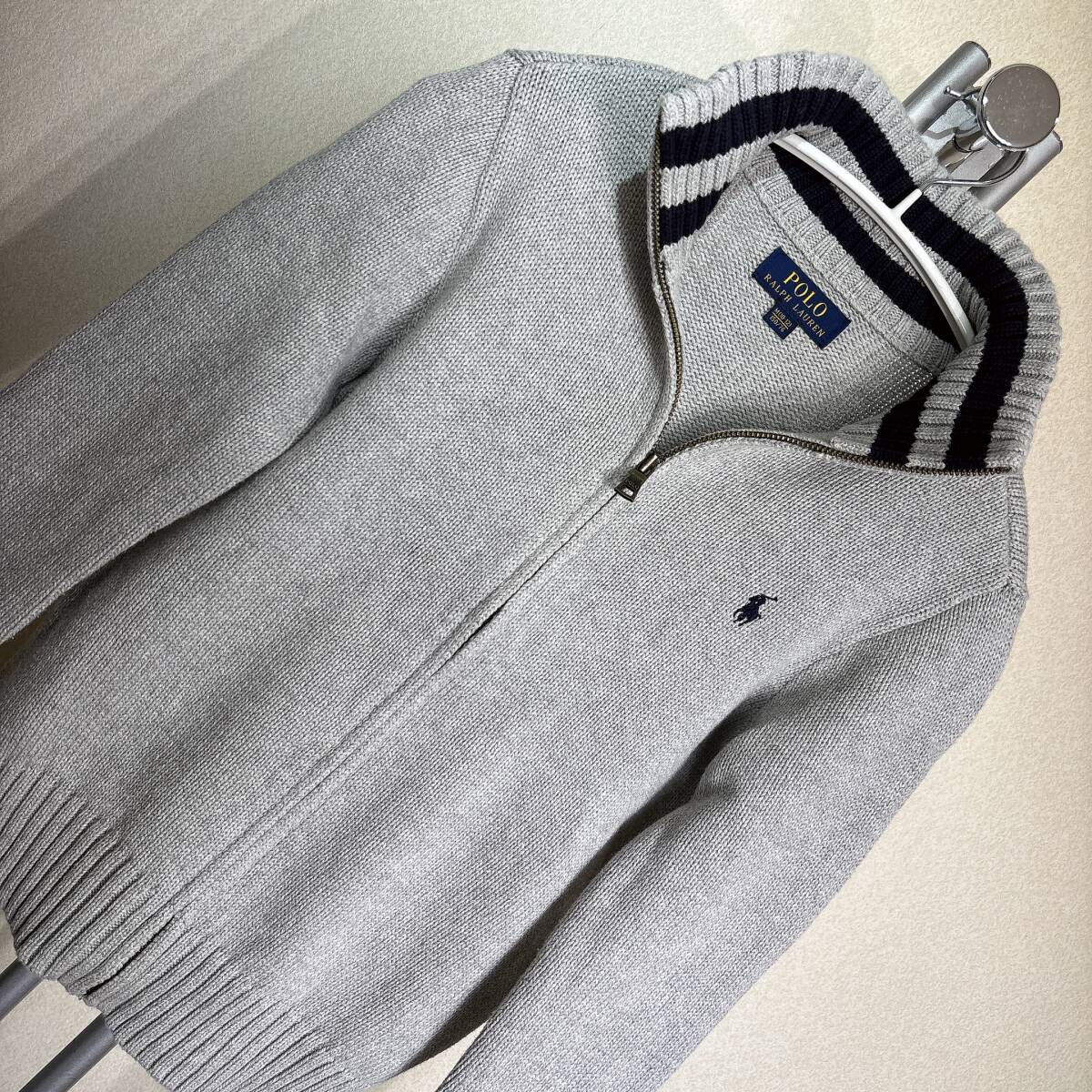 C567■キッズ/POLOラルフローレン★薄グレー/綿ニット/ポニー★フルZIPブルゾン■150/76拍卖