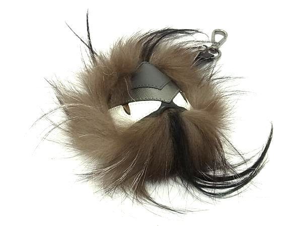 ■新品同様■ FENDI フェンディ モンスター バッグバグズ ファー×レザー バッグチャーム キーホルダー ブラウン系×グレー系 FU3417拍卖