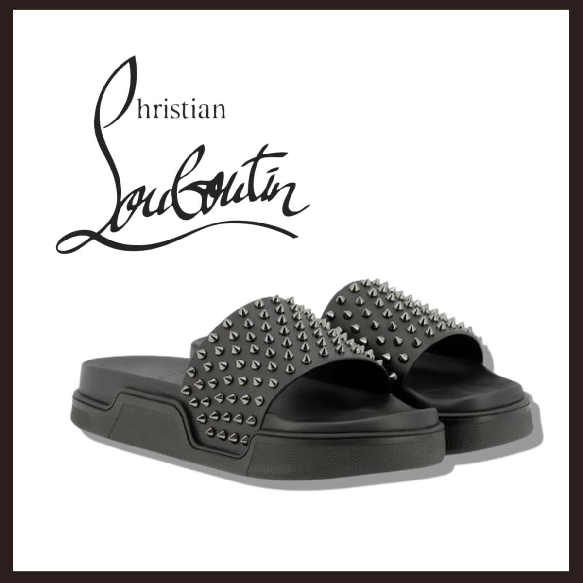 ●○新品 未使用 クリスチャンルブタン プール ファン フラット カーフ スタッズサンダル ブラック 26.5cm【Christian Louboutin】スパイク拍卖