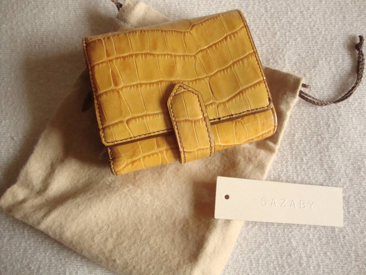 美品 SAZABY サザビー 牛革 レザー クロコダイル 型押し 三つ折 コンパクト 財布 黄色 イエロー拍卖