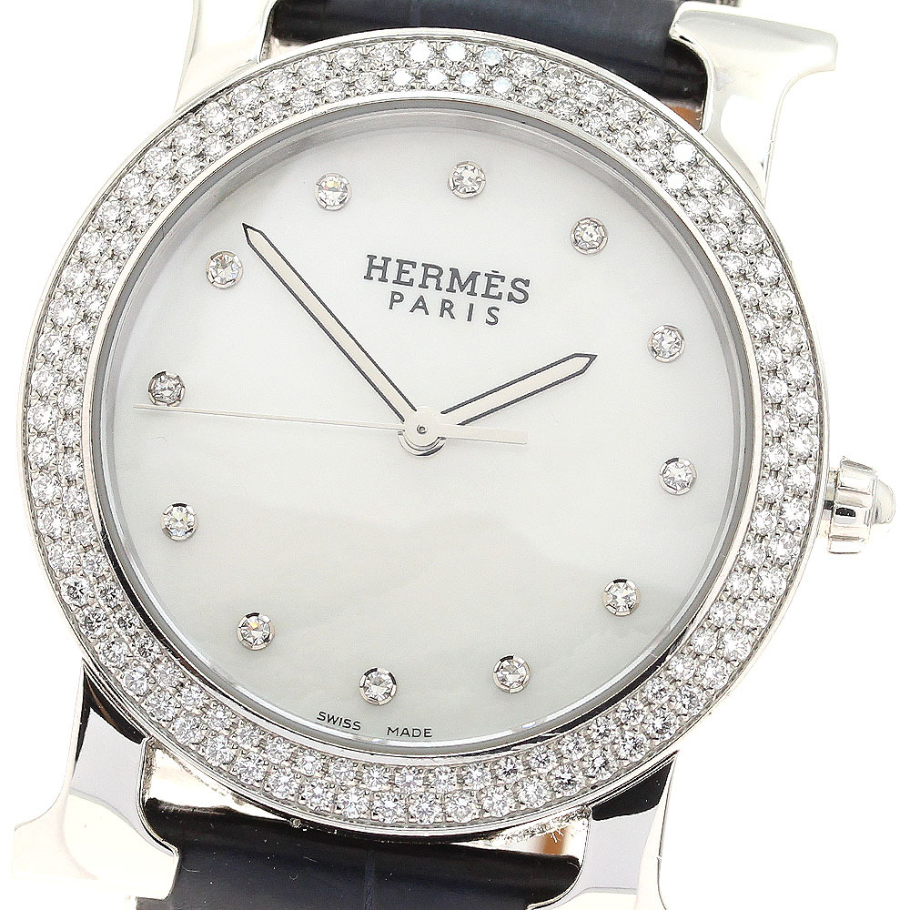 エルメス HERMES HR1.530 Hウォッチ ロンド 12P ダイヤベゼル クォーツ レディース 美品 箱・保証書付き_912509拍卖