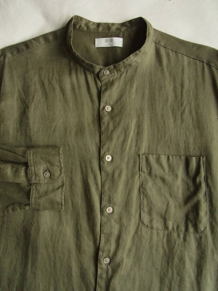 UNIQLO ユニクロ リネン100% バンドカラーシャツ サイズ XL オリーブカーキ系拍卖