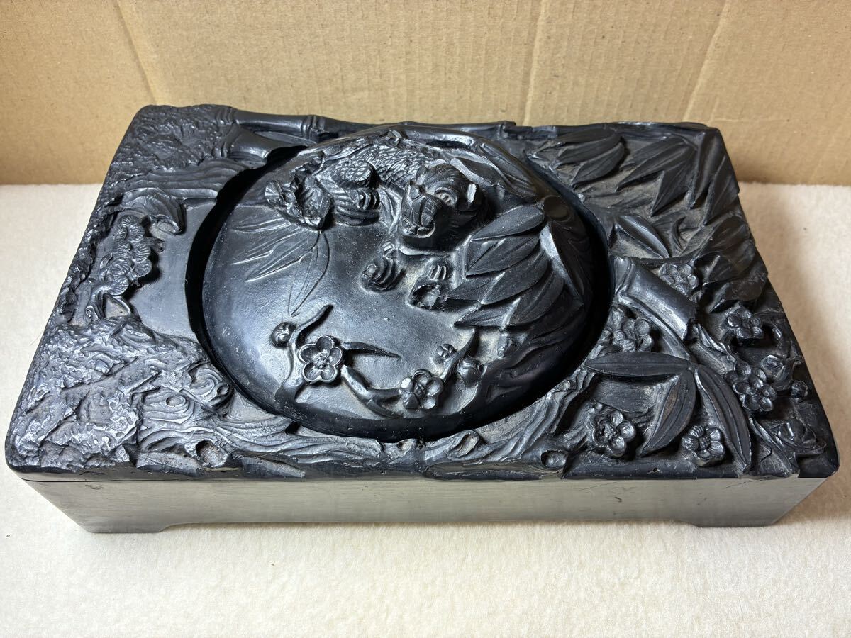 6)★彫刻硯★すずり 虎図 竹梅細工 唐硯 書道具 文房四宝 墨台付 古美術 中国美術 古硯 彫刻 石硯 石製 骨董品 中国 書道拍卖
