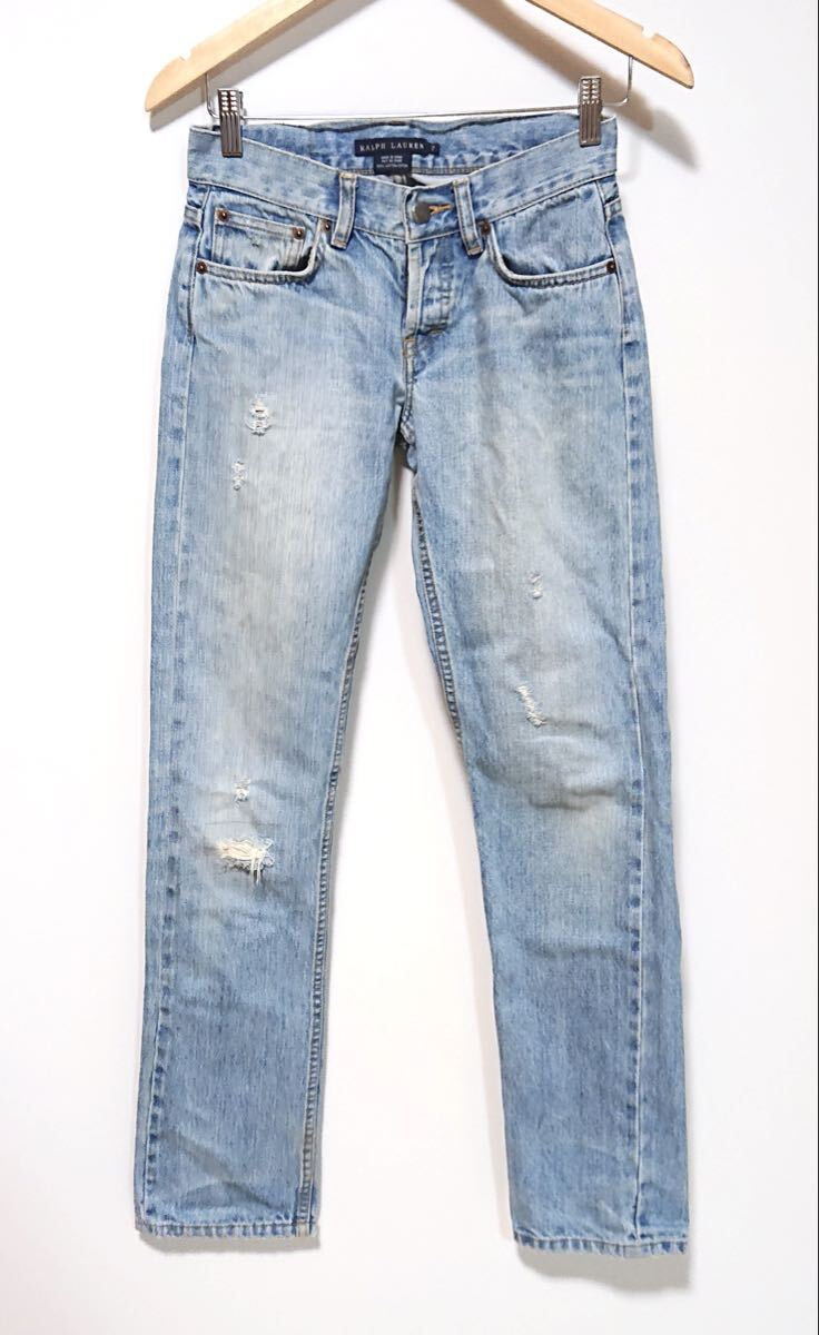 h6025gg RALPH LAUREN/ラルフローレン サイズ7(S位) デニムパンツ ジーンズ ライトブルー レディース カジュアル 古着 used ダメージ拍卖