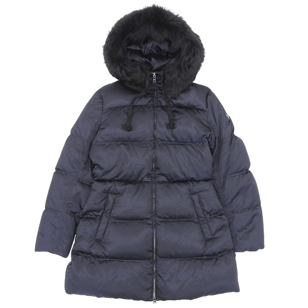 【本物保証】 超美品 プラダ PRADA 29P117 R202 R0K 42 レディース ダウンジャケット ナイロン ネイビー 三角プレート ロゴ ファー拍卖