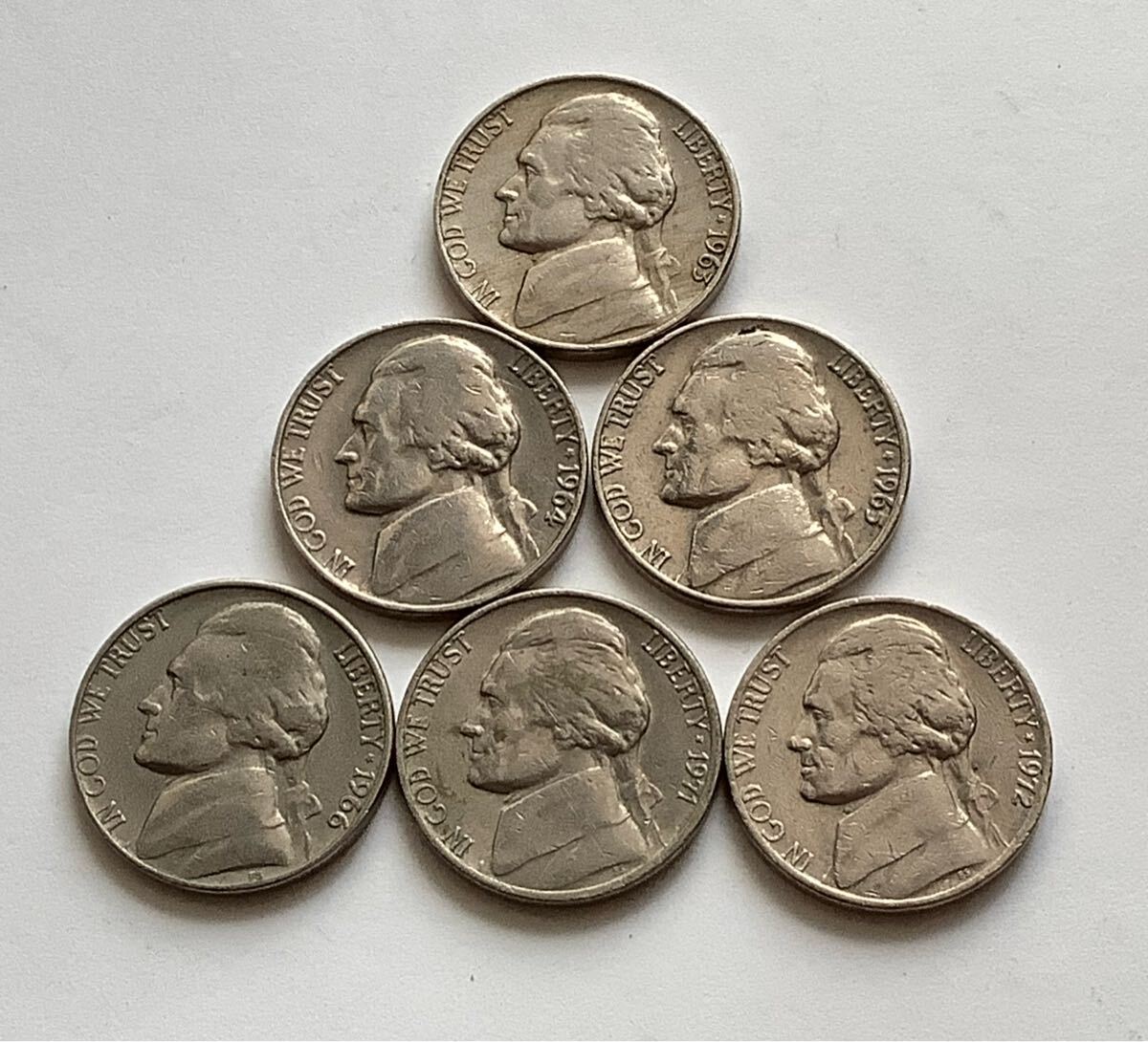 【希少品セール】アメリカ 5セント硬貨 1963年〜1966年 1971年〜1972年 ミントマークなし 年号違い各1枚ずつ 6枚まとめて拍卖